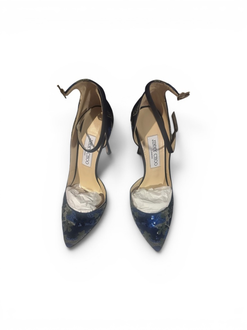 Jimmy Choo Navy and Olive Green Sequined Pointed-Toe Ankle-Strap Heels